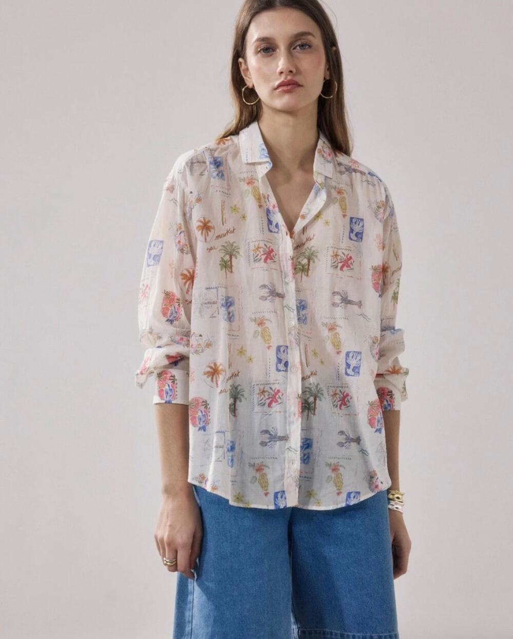 Hartford Charlot Printed Cotton Button-Up Shirt White Multicolor Size 1 / US 4